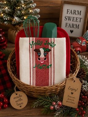 Holiday Red & Cream 'Holly Jolly Heffer' Kitchen Towel Gift set